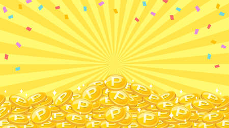 The background of the frame where colorful confetti and many gold point coins are piled up like a mountain on the background of yellow concentrated lines.のイラスト素材