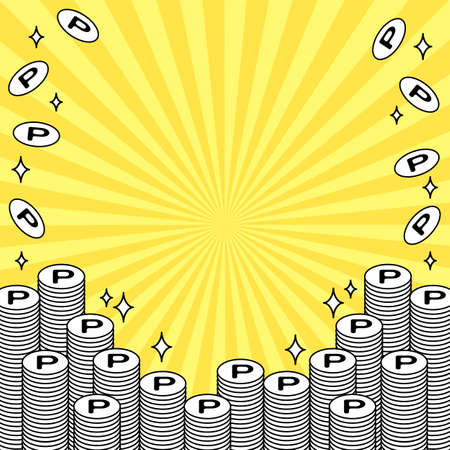 Frame background of many monochrome point coins piled up and shining on the background of dark yellow lines.のイラスト素材