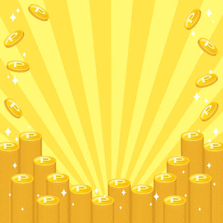 Frame background of lots of gold point coins piled up and shining on the background of yellow concentrated lines.の写真素材