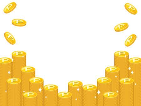 Gold point coin frame that shines on a white background.の写真素材