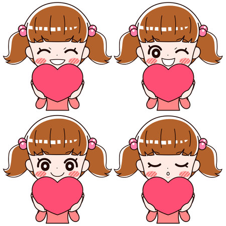 A set of four facial expressions of a girl who smiles happily with a heart symbol.のイラスト素材
