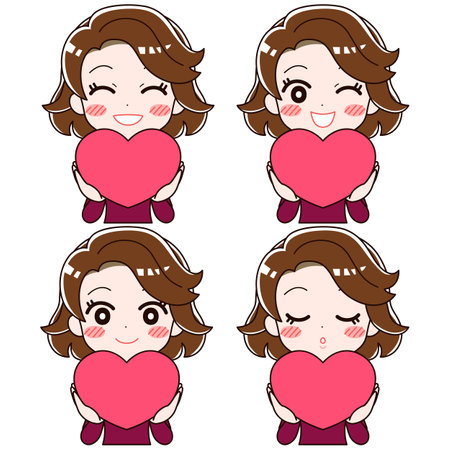 A set of four facial expressions of a woman holding a heart symbol and smiling happily.のイラスト素材