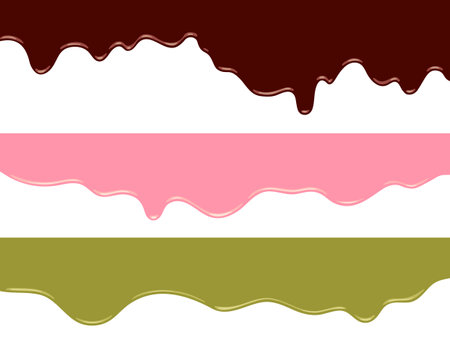 A set of three variations of chocolate that melts and drips. Chocolate, strawberry flavor, matcha flavor.のイラスト素材