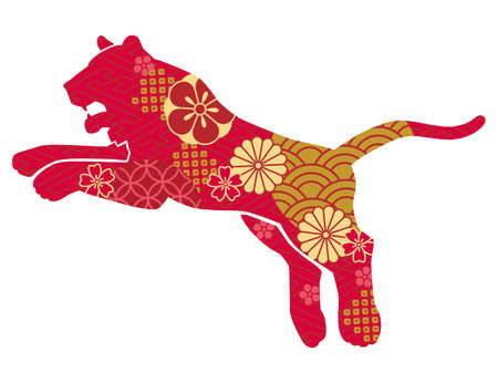 Bouncing Tiger Silhouette Japanese Pattern Illustrationのイラスト素材
