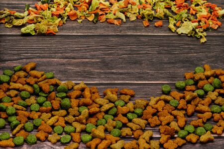 Dog food shot on wooden pattern backgroundの写真素材