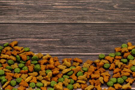 Dog food shot on wooden pattern backgroundの写真素材