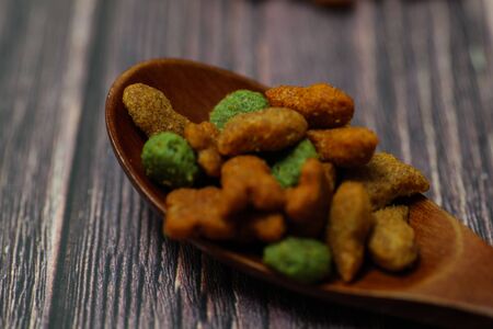 Dog food shot on wooden pattern background