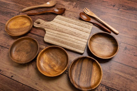 Wooden tableware and cutting boardの写真素材