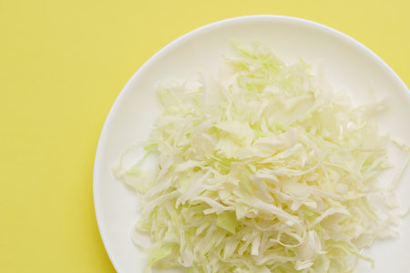 Pile of shredded cabbage on yellow backgroundの写真素材