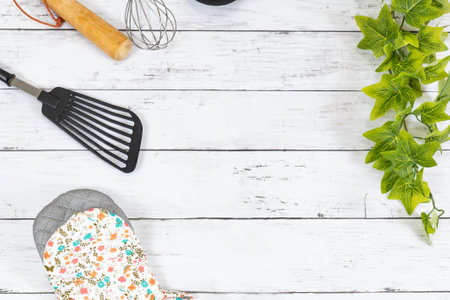 Kitchen utensils surrounding the text spaceの写真素材