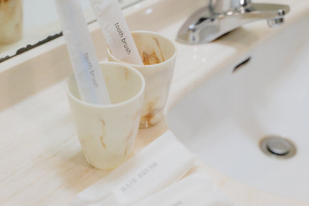 Hotel washbasins and amenitiesの写真素材