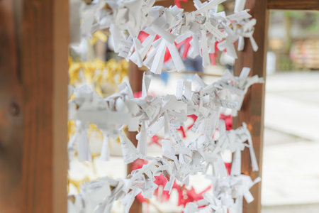 Wooden door with paper clothespins, closeup of photo.の写真素材