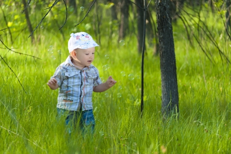 A little boy catches the bubbles with his hands, in a green park.の写真素材