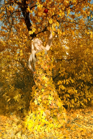 Two girls, in dresses from leaves, having joined hands, walk on a footpath in autumn woodの写真素材