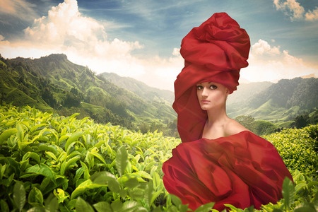 Fashion model in a red dress of flowing cloth , posing against the backdrop of a tea plantation in the mountainsの写真素材