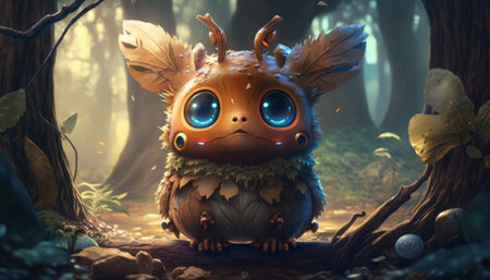 Fantasy illustration of a cute cartoon owl sitting in the forest.の写真素材