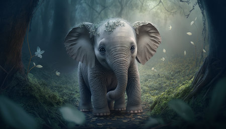 Elephant in the forest. 3D rendering. fantasy forest.の写真素材