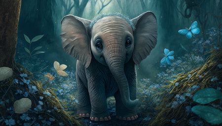 Elephant in the forest. 3D rendering. Fantasy illustration.の写真素材
