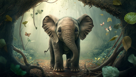 Elephant in the forest. 3D rendering. Fantasy illustration.の写真素材
