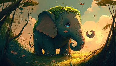cartoon scene with elephant in the forest with butterflies - illustration for childrenの写真素材