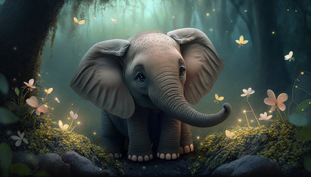 Elephant in the forest. 3d rendering. Fantasy illustration.の写真素材