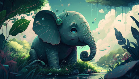 Elephant in the jungle. cartoon illustration. fantasy landscape. Vector.の写真素材