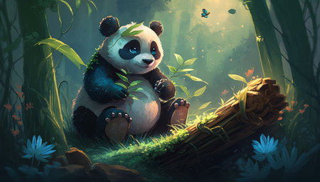 Panda sitting on a log in the forest. Illustration.の写真素材