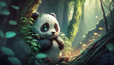 Cute panda sitting on a tree in a fantasy forest.の写真素材