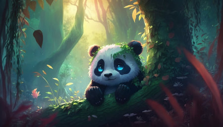 Cute panda in the forest. Fairytale scene. 3d renderingの写真素材