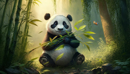 Panda sitting in the forest with bamboo and butterfly, 3d illustrationの写真素材