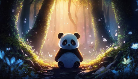 panda in the forest. 3D rendering. Fairy tale.の写真素材
