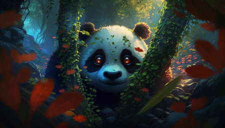 Giant panda in the forest. 3d render illustration.の写真素材