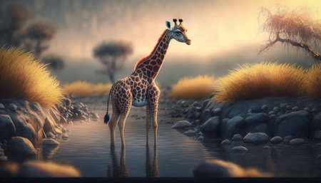 AI content. Giraffe in the savannah - 3D render illustration.の素材