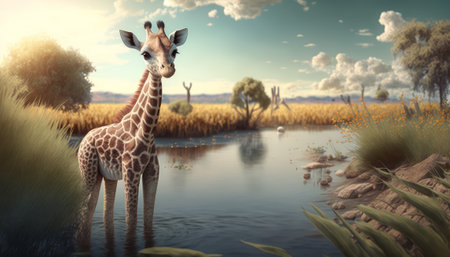 AI content. Giraffe in the savannah. 3D illustration. vintage style.の素材