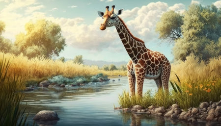 AI content. Giraffe on the river bank at sunset. 3d renderingの素材