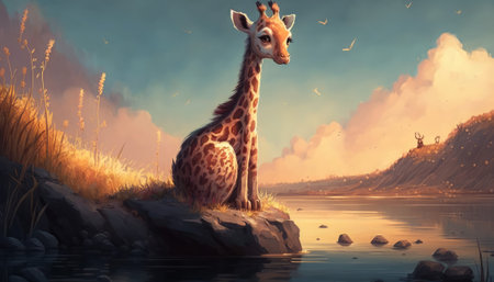 AI content. Giraffe sitting on a rock by the lake. digital painting.の素材