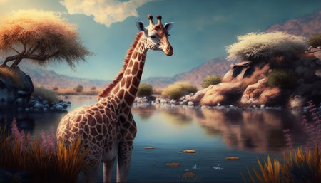 AI content. Giraffe in the jungle - 3D render with clipping pathの素材