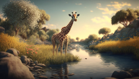 AI content. giraffe in the jungle at sunset, 3d render illustrationの素材