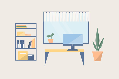 Working place in flat style. Room with table, flower in pot, window, shelf with books.のイラスト素材