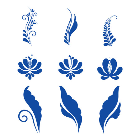 Element of russian classic ornament in gzhel style. Isolated blue flowers and leaves on white background.のイラスト素材