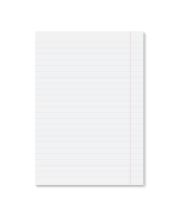 Realistic white paper sheet with blue lines. Single copybook sheet with shadow on white background. Vector template for your design.のイラスト素材