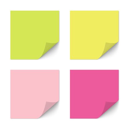 Realistic pink, yellow and green paper sheets with shadow on white background for notes, messages or reminders.のイラスト素材