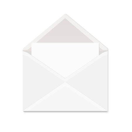 Realistic white paper envelope with shadow on white background. Blank vector mock up of opened envelope with empty postcard for message.のイラスト素材