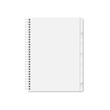 Blank white notebook cover. Vector mock up ESP 10. Vertical blank spiral copybook, organizer or diary with tab divider pages on white background.のイラスト素材