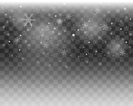 Christmas background: white snowflakes falling isolated on dark. Vector illustration, EPS 10. Winter backdrop with white snow flying, snowfall. Translucent snowflake decoration.のイラスト素材