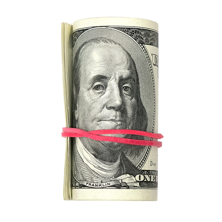 Roll of dollars, isolated on white backgroundの写真素材