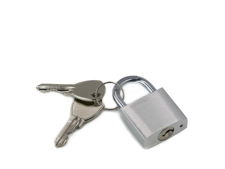 silver padlock with keys isolated on white background