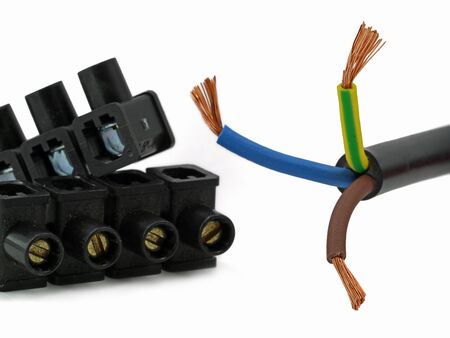 Close up of a electric cable with luster terminal, strip on white background