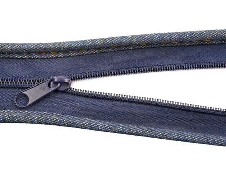 close up of half open blue zipper for clothing isolated on white background