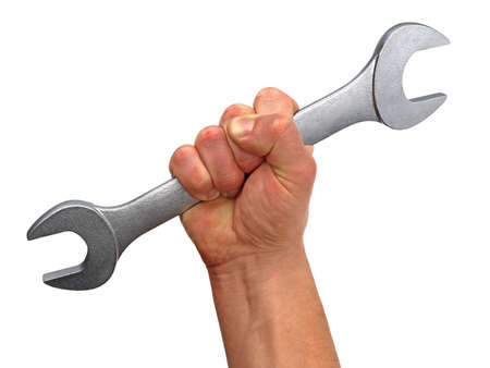 Male hand worker holding wrench isolated on white background, motivated craftsman holds tool in handの写真素材